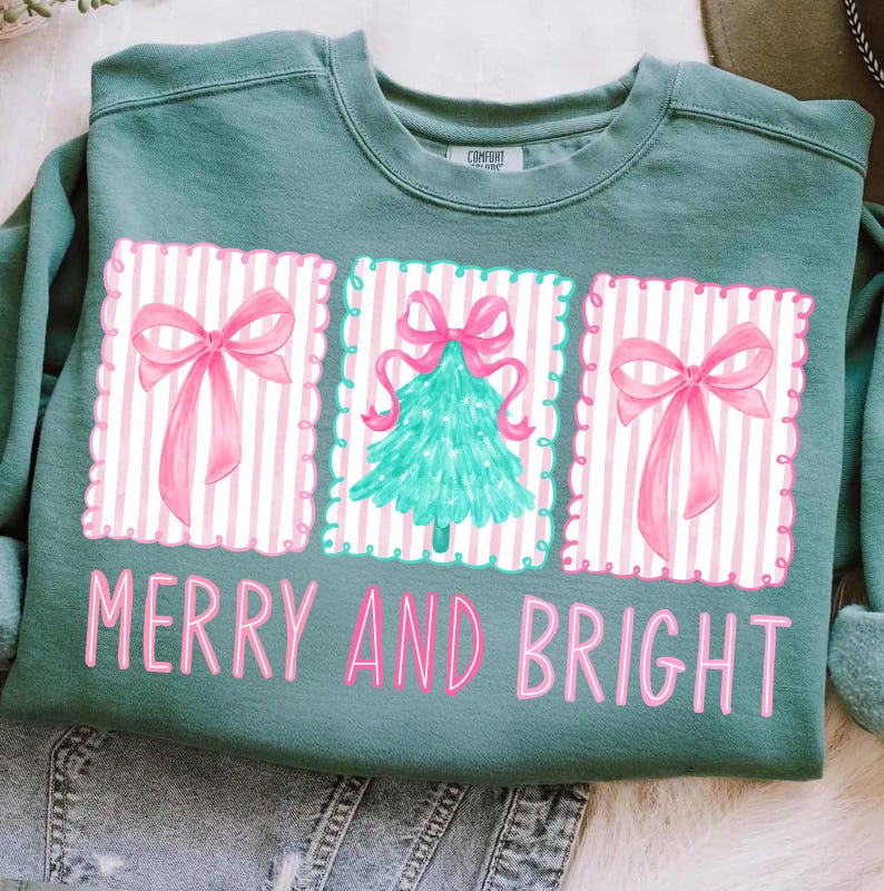 Hoody Crewneck Merry and Bright – Pink Bows & Christmas Tree Holiday Design