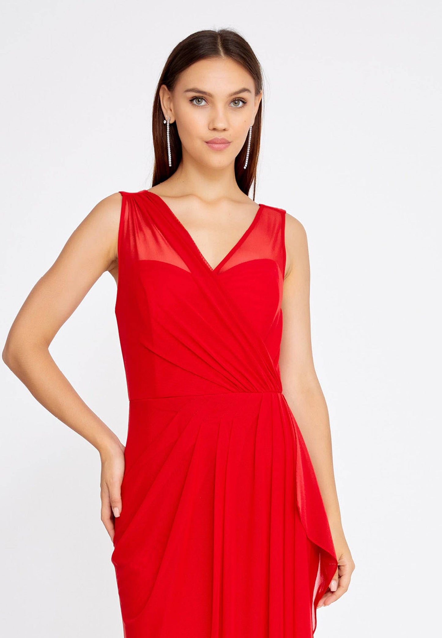 Chiffon Wrap Column Long Dress - Red