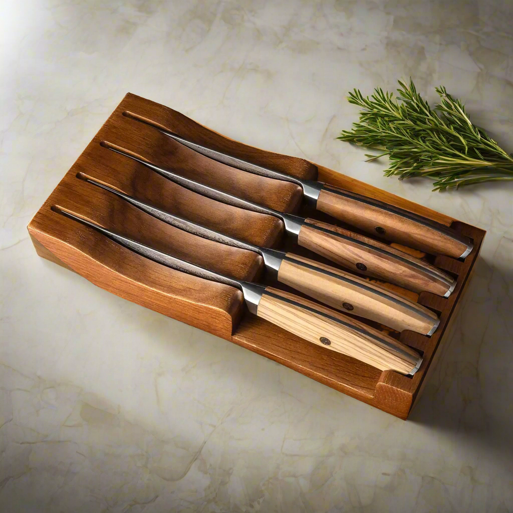 Ginza Steel AMELIA Five – 4-Piece VG10 Damascus Steel Steak Knife Set with Wood Block