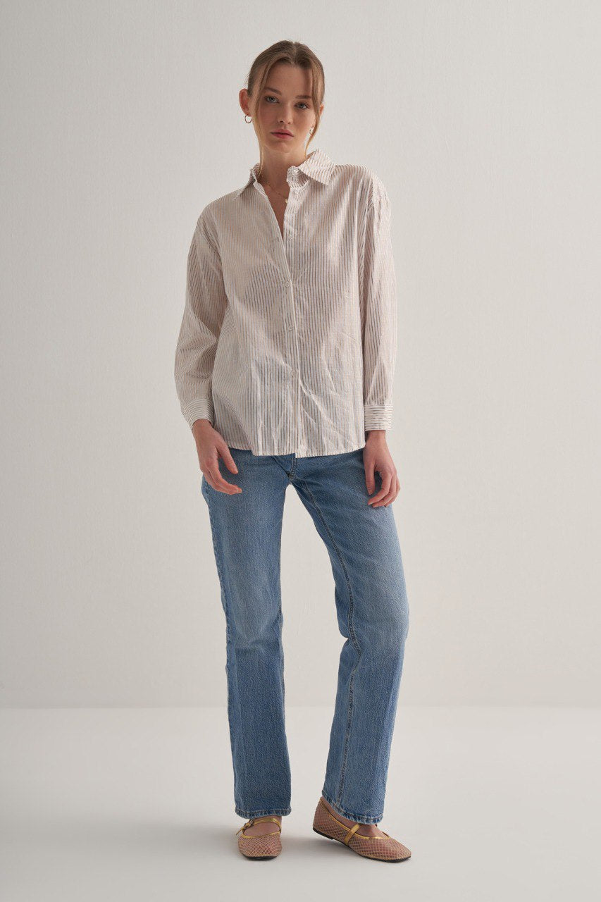 Button Down Gold Stripe Longsleeve Shirt - White