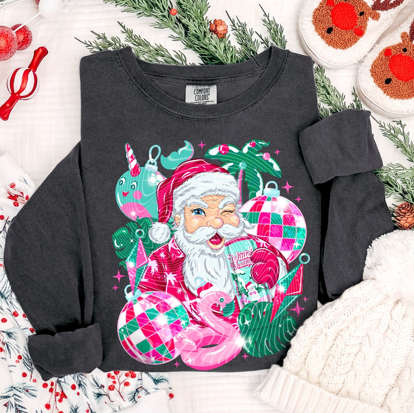 Sweatshirt Or Hoodie Winking Santa Tropical Christmas Print