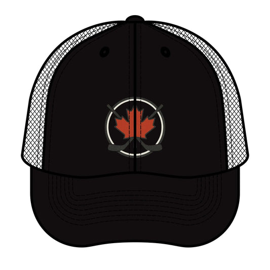 Maple Stick Hockey Hat Canadian Maple Leaf Cap with Crossed Hockey Sticks - Premium Snapback Trucker Hat - Canada Pride Baseball Cap