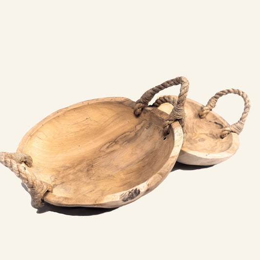 Bol en teck rustique et poignées en jute