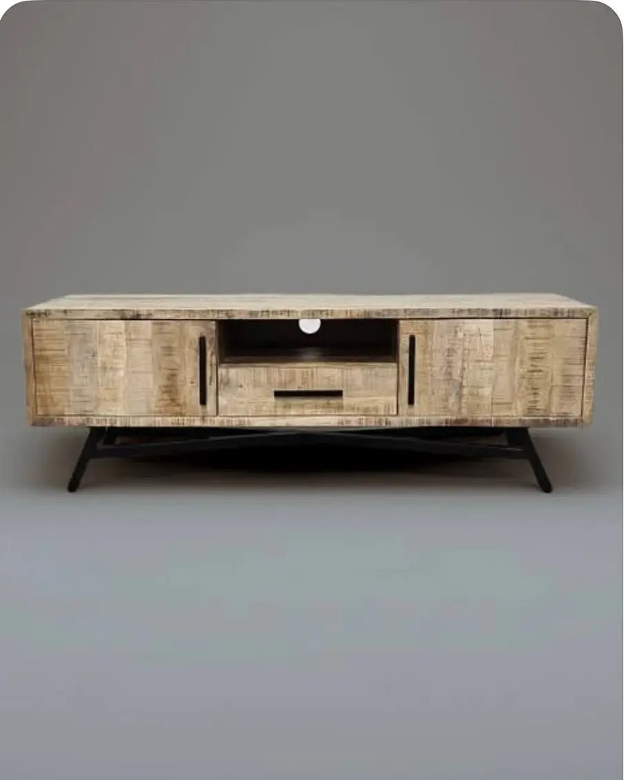 Meuble télé en bois de manguier brut sur patte en acier noir