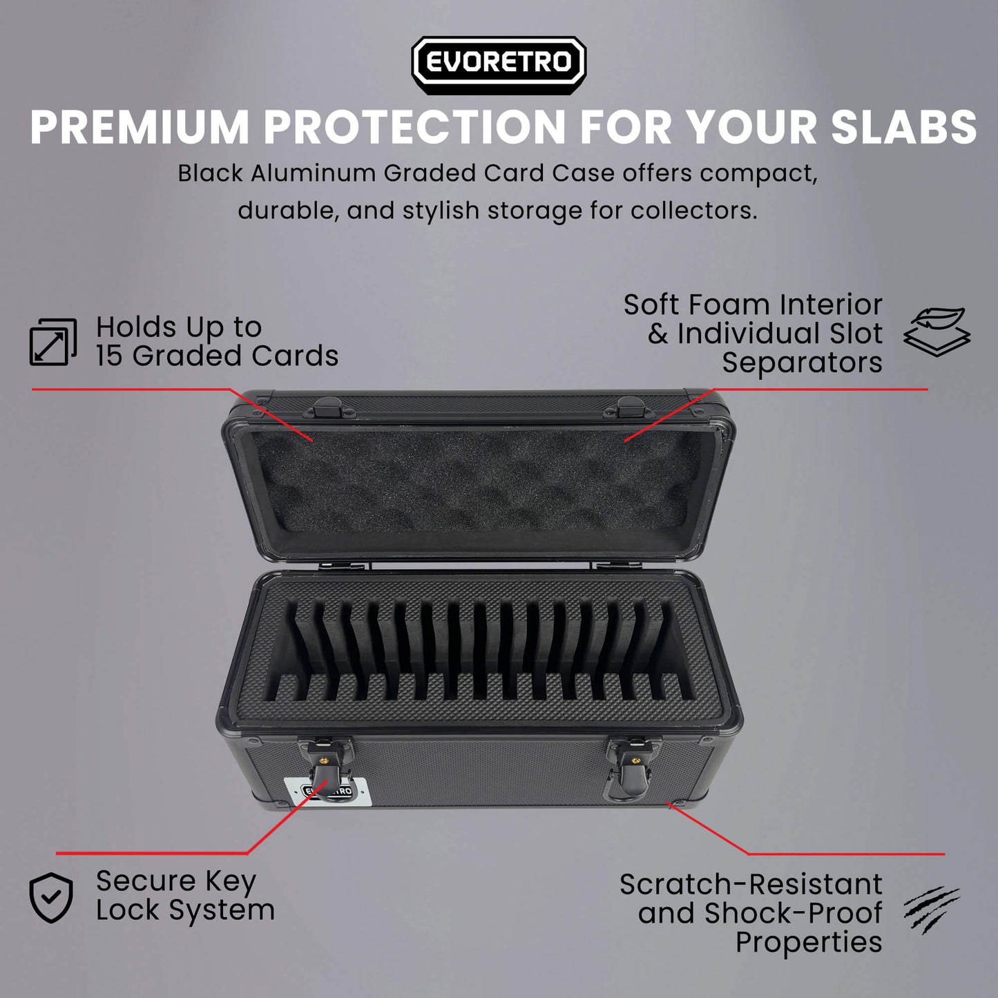 EVORETRO Aluminum Graded Card Storage Case 15-Slot | Black