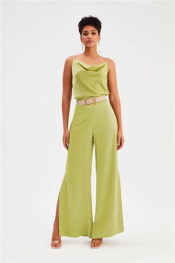 Plunging Neck Satin Cami Top- Olive