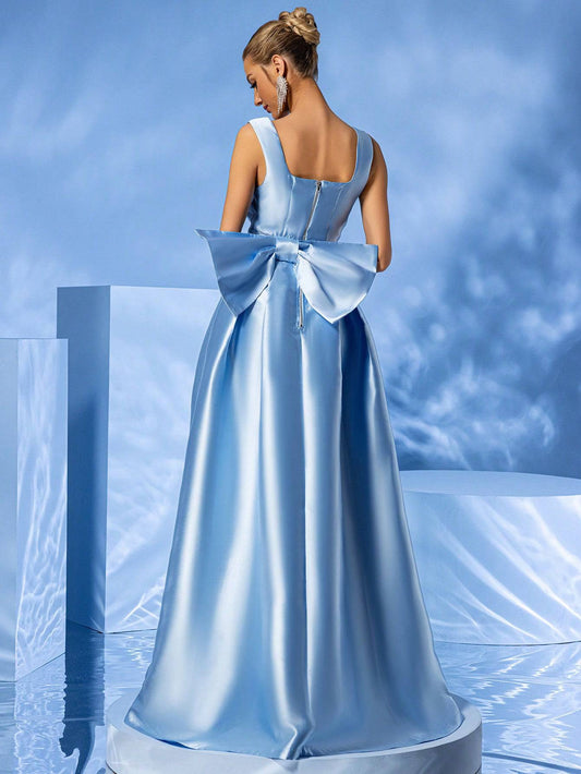 Square Neck Taffeta Puffy Pleated Maxi Dress With a Big Bow - Baby Blue