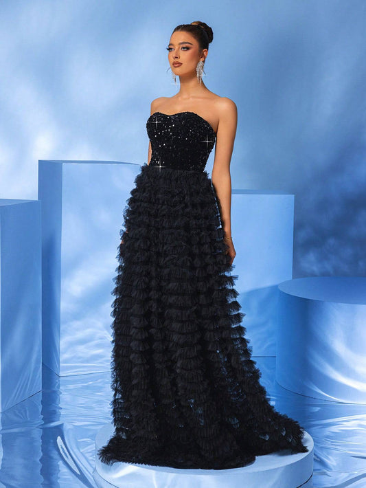 Strapless Black Sequin Ball Gown with Layered Tulle Ruffle Skirt – Luxe Prom & Gala Dress