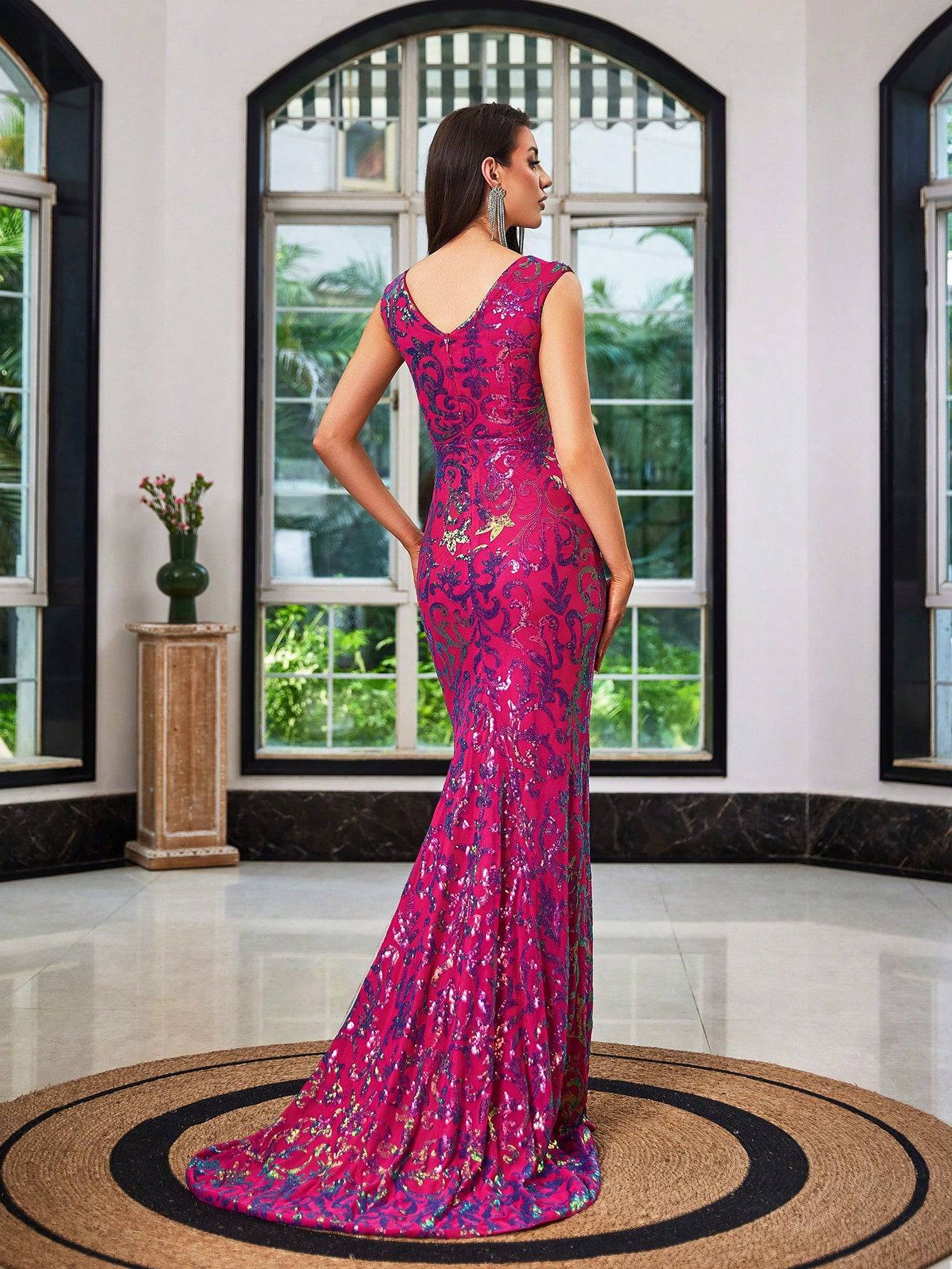 V-Neck Mesh Sequin Mermaid Maxi Dress - Fuchsia