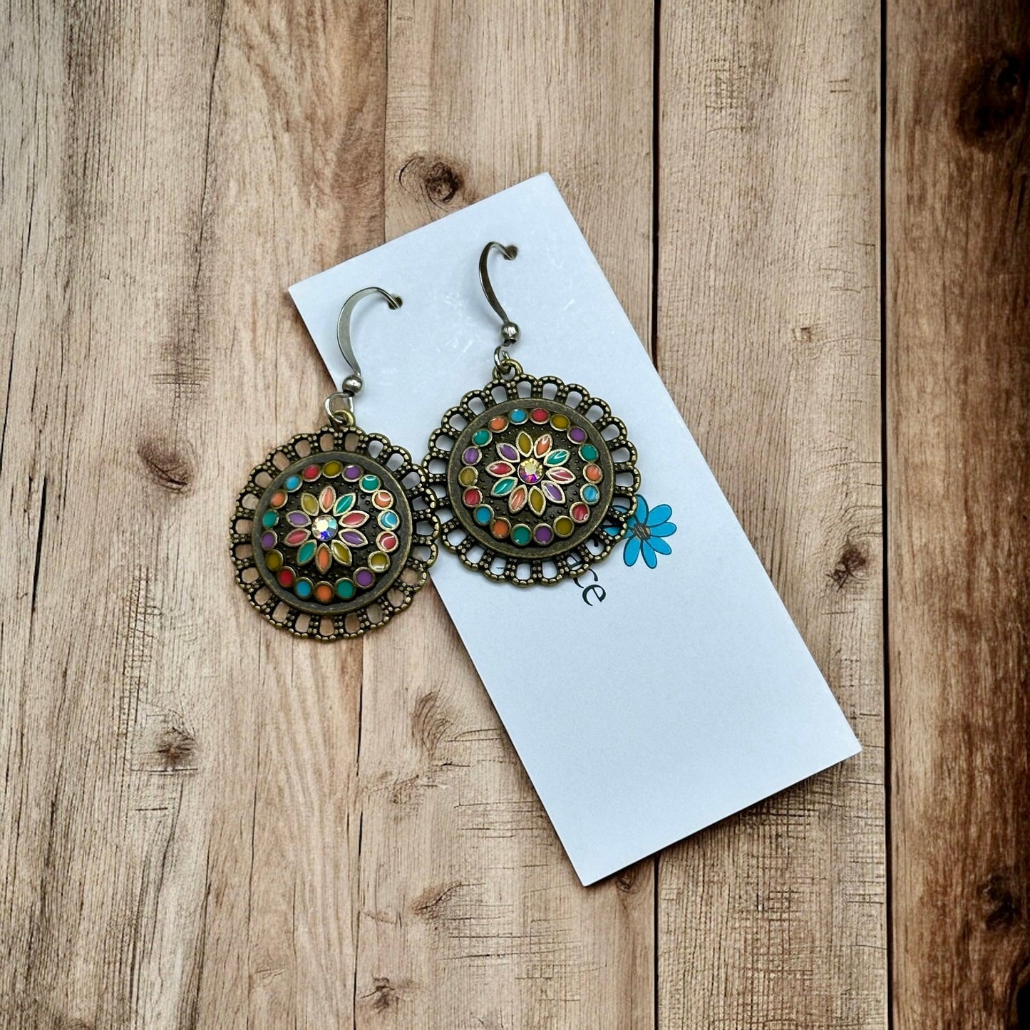 Boho Enamel Flower Earrings – Antique Bronze, Hypoallergenic & Lightweight
