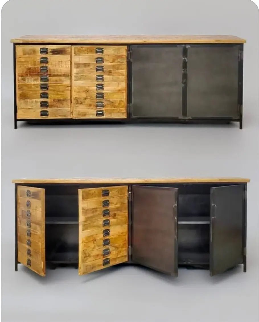 Buffet industriel en bois de manguier 4 portes bois et acier