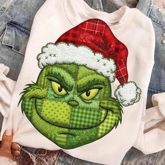 Crewneck Hoody  Christmas Grinchh Patchwork Santa Hat