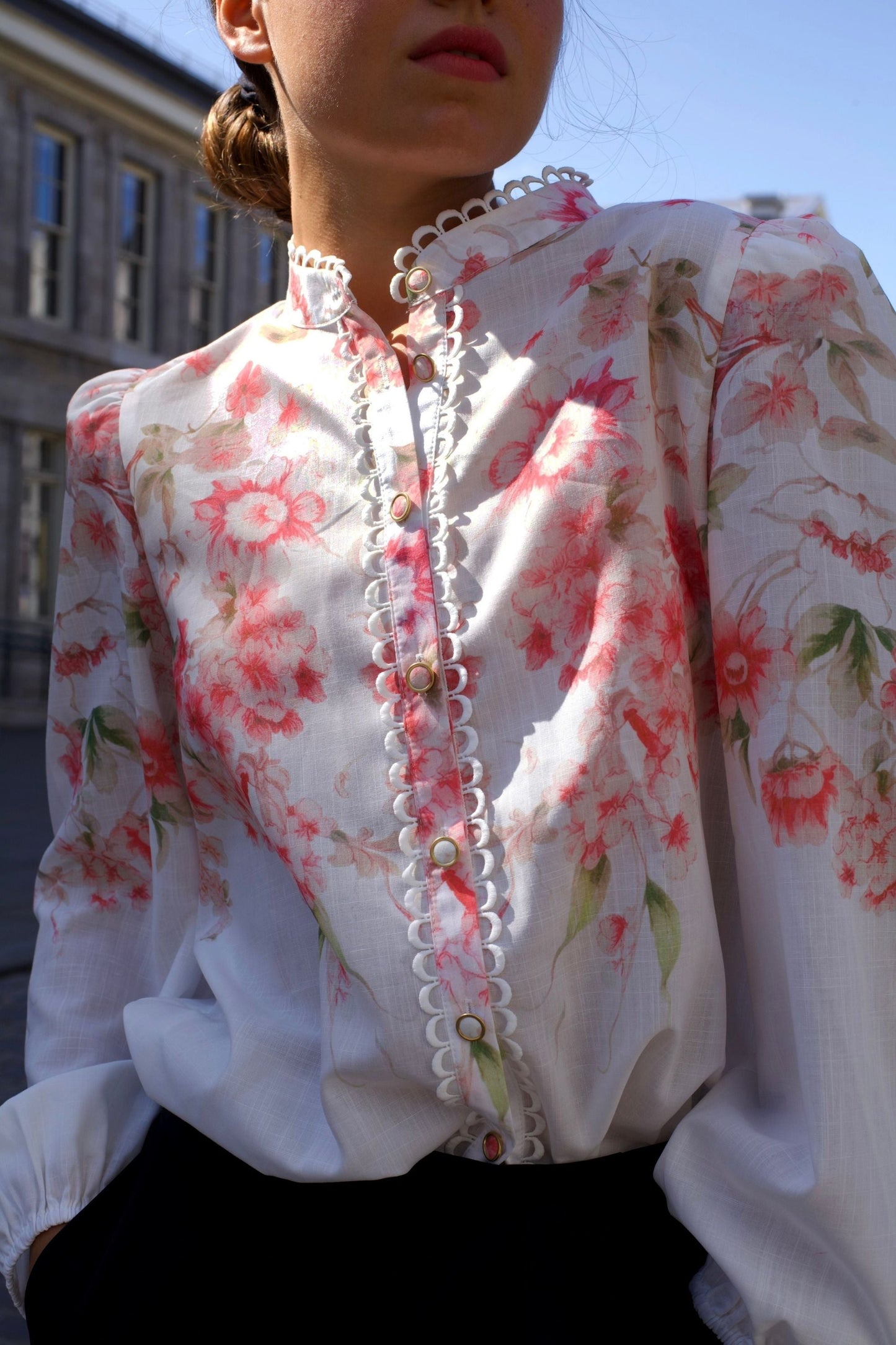 Celeste Women's Floral White Blouse Decorative Front Trim