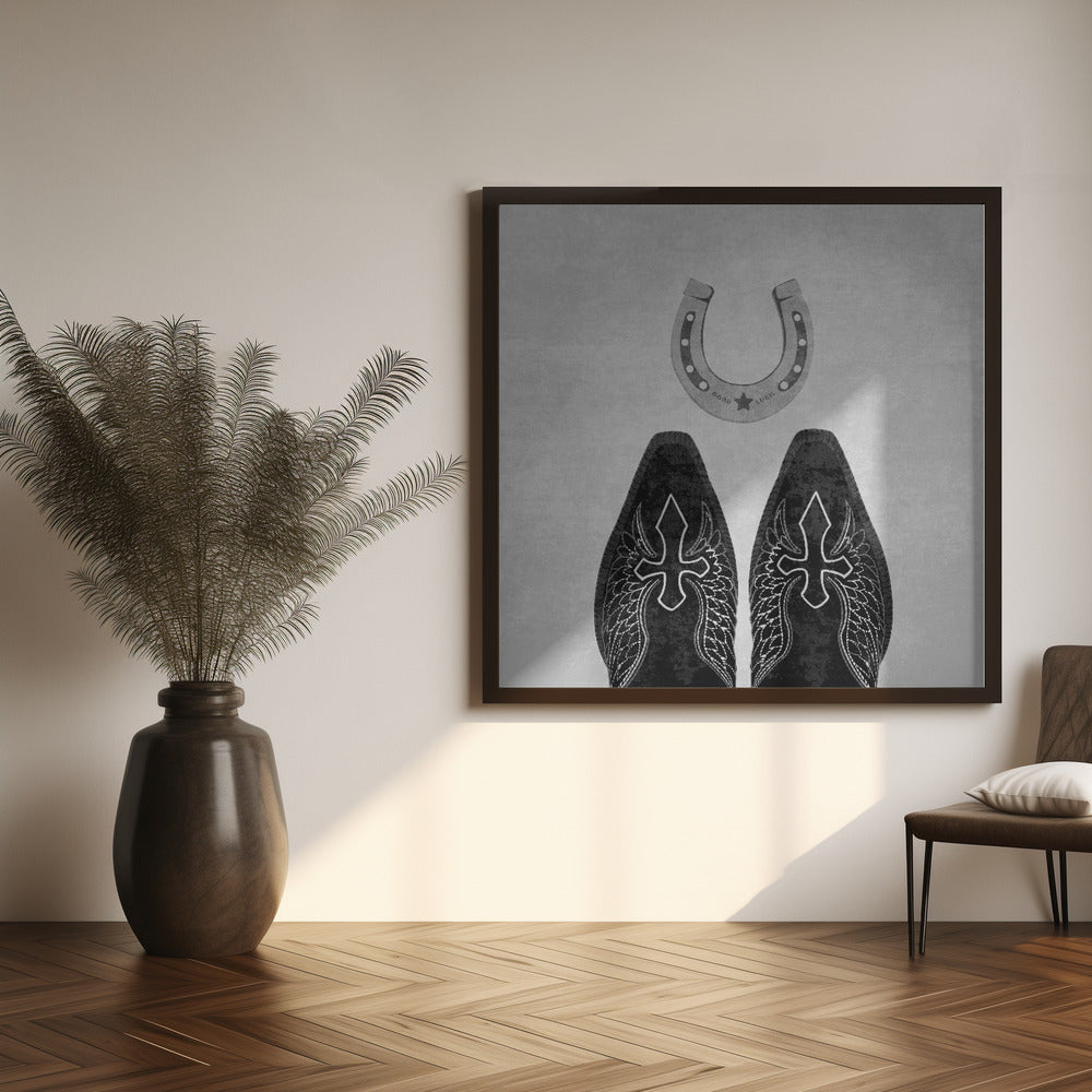 Wall Art Bw Cowboy Boots and Horseshoe