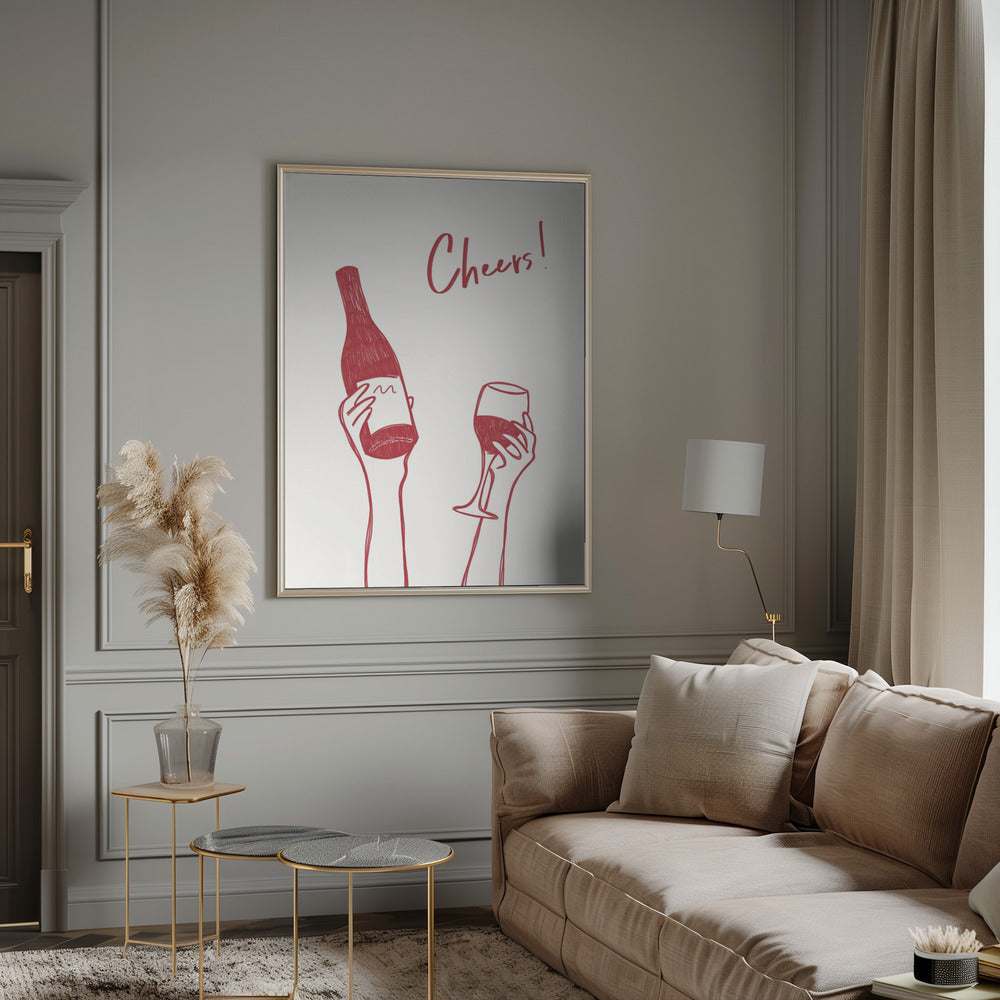 Wall art Cheers wine illustration &amp; text (black &amp; white)