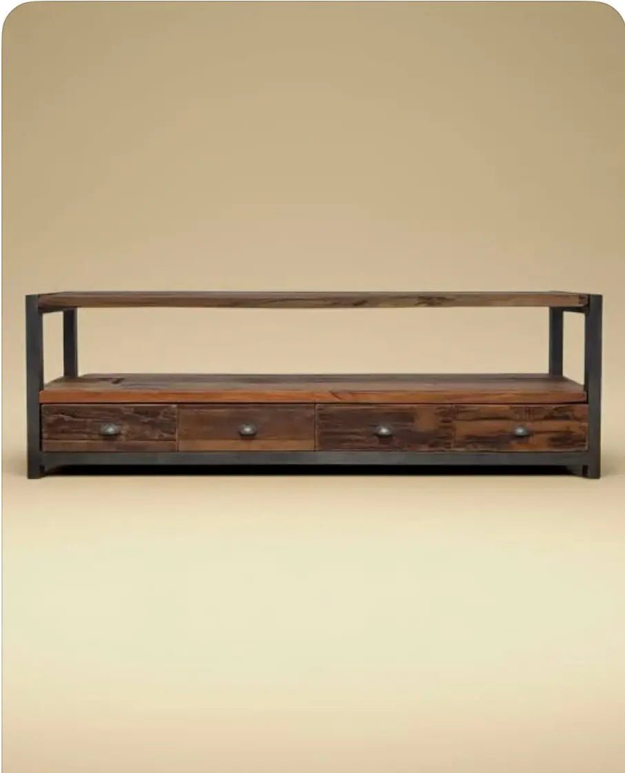 Meuble tv industriel bois Recyclé et acier avec 4 tiroirs