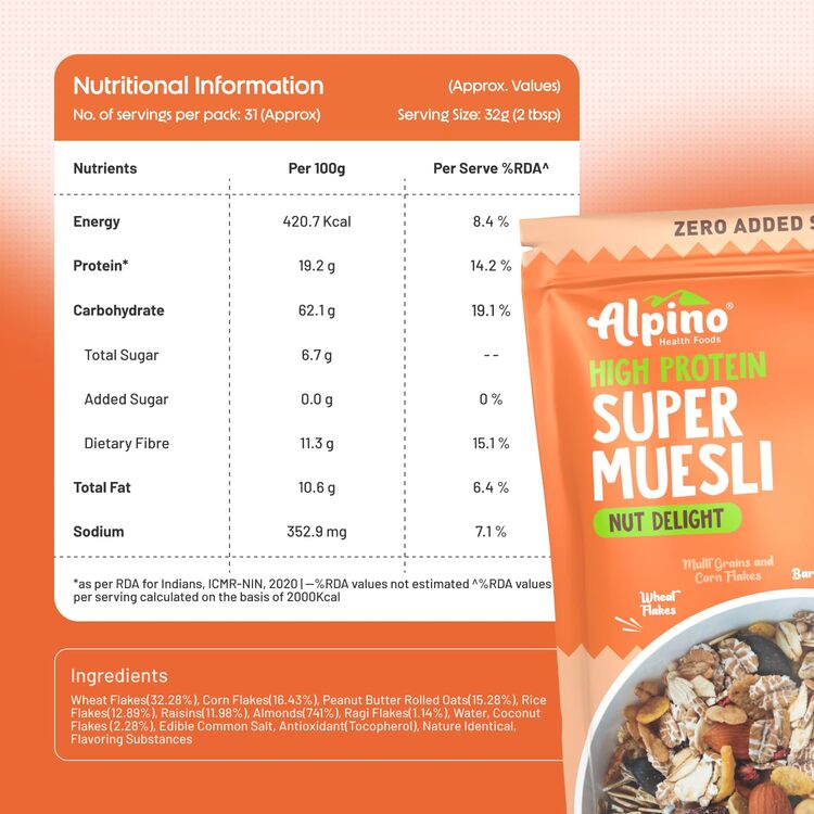 Super Muesli Nut Delight - 69% Whole Grain, 20% Dried Fruits & Nuts, No Sugar Infused Fruits - High Protein, Fibre Source - Premium Breakfast Cereal |