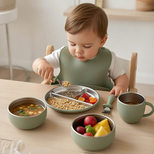 Premium 7-Piece Silicone & Stainless Steel Kids Dinnerware Set | Feeding Set