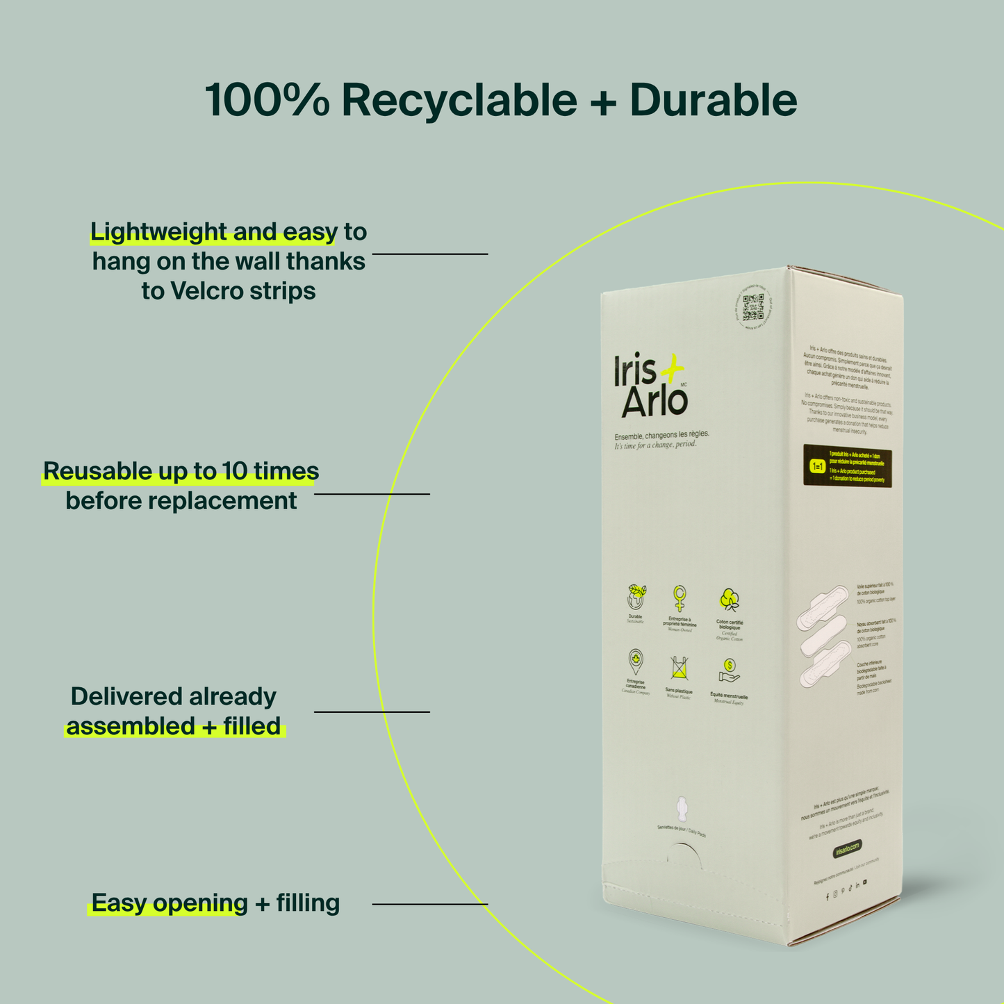 Wall-Mounted Cardboard Dispenser, 100% Organic Cotton Daily Pads