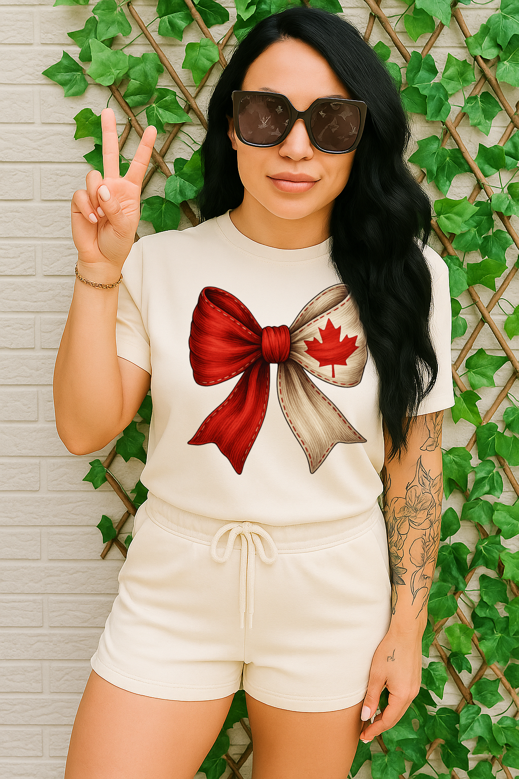 T-Shirt Hoodie Crewneck  Canada Bow – Red & White Maple Leaf Ribbon #2