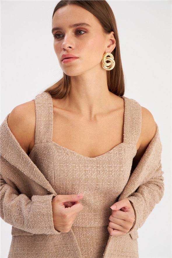 Strap Tweed Crop Blouse - Beige