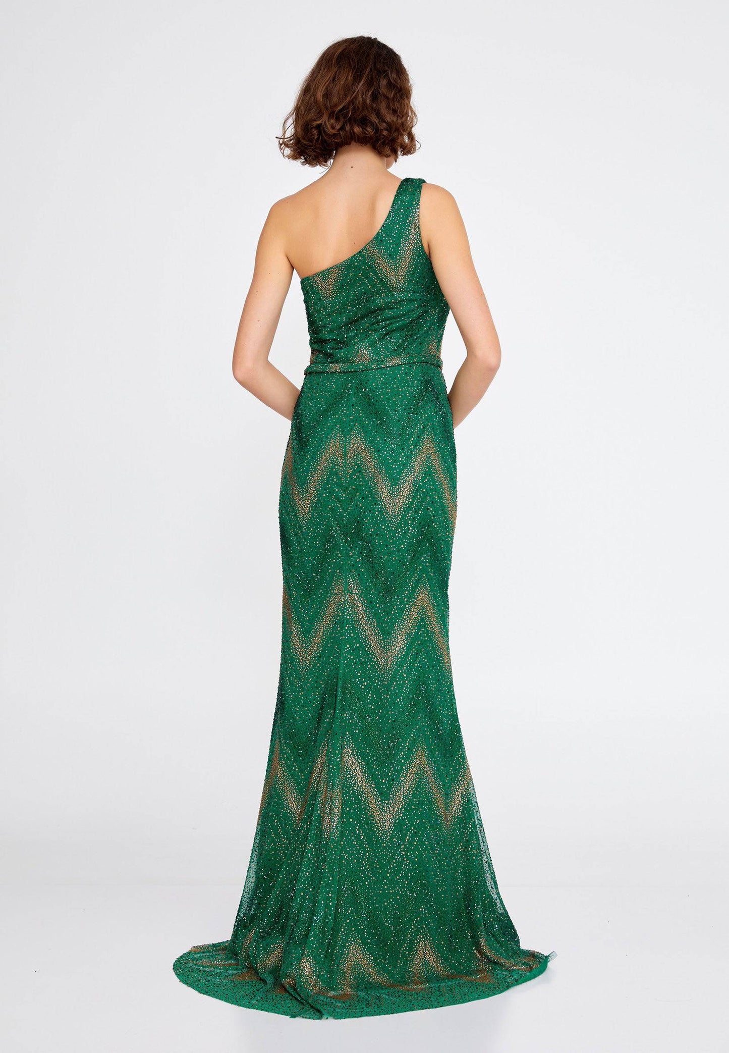 One Shoulder Beaded Maxi Tulle Mermaid Evening Gown - Emerald green