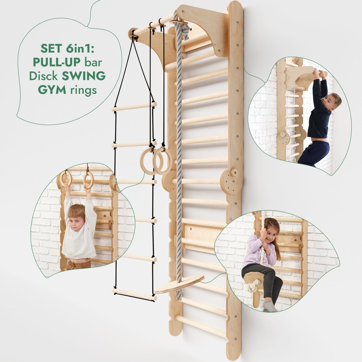 3in1: Wooden Swedish Wall / Climbing ladder for Children + Swing Set + Slide Board