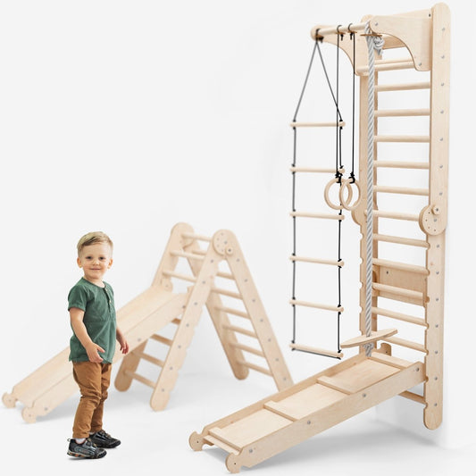 3in1: Wooden Swedish Wall / Climbing ladder for Children + Swing Set + Slide Board