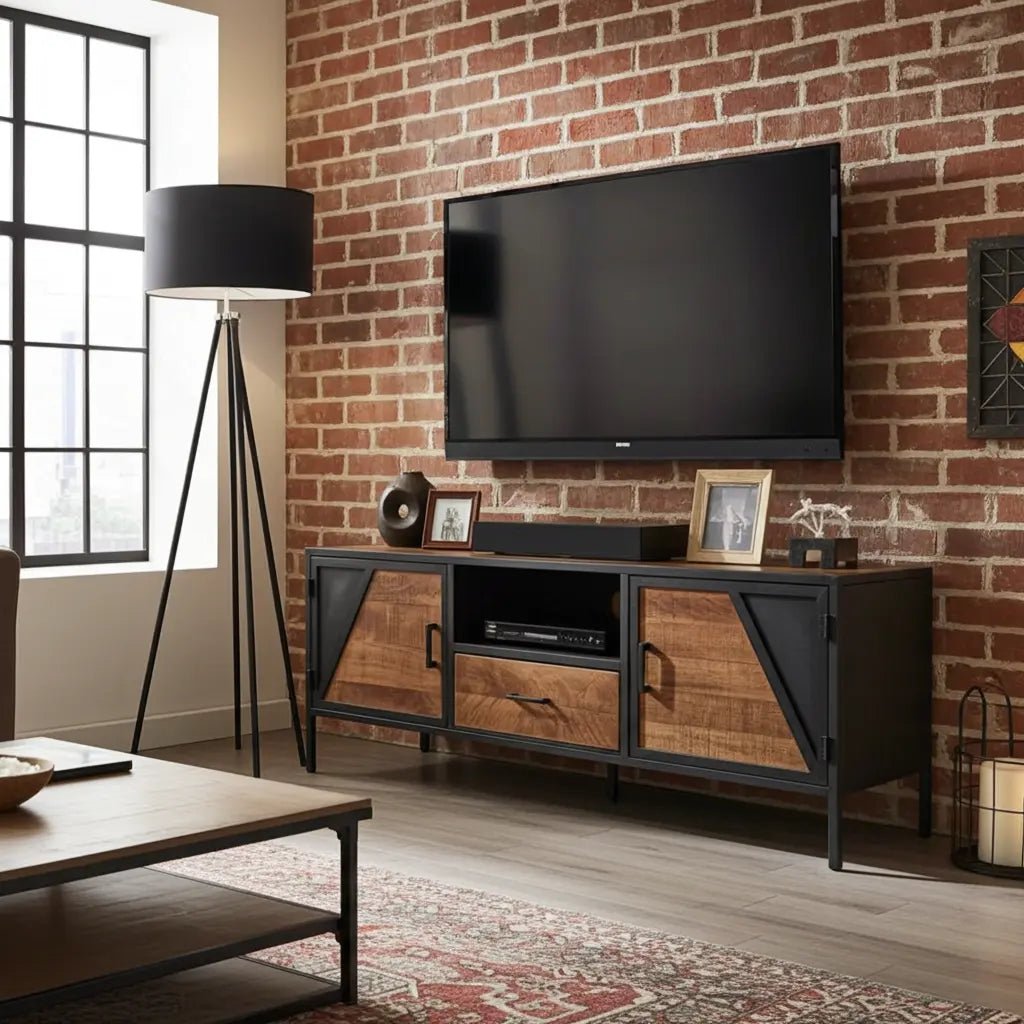 Meuble Télé AZERA Bois de Manguier et acier gris vintage