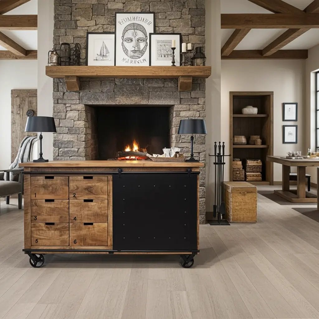 Buffet industriel en bois de manguier et acier noir sur roue avec 6 tiroirs et porte en acier coulissante