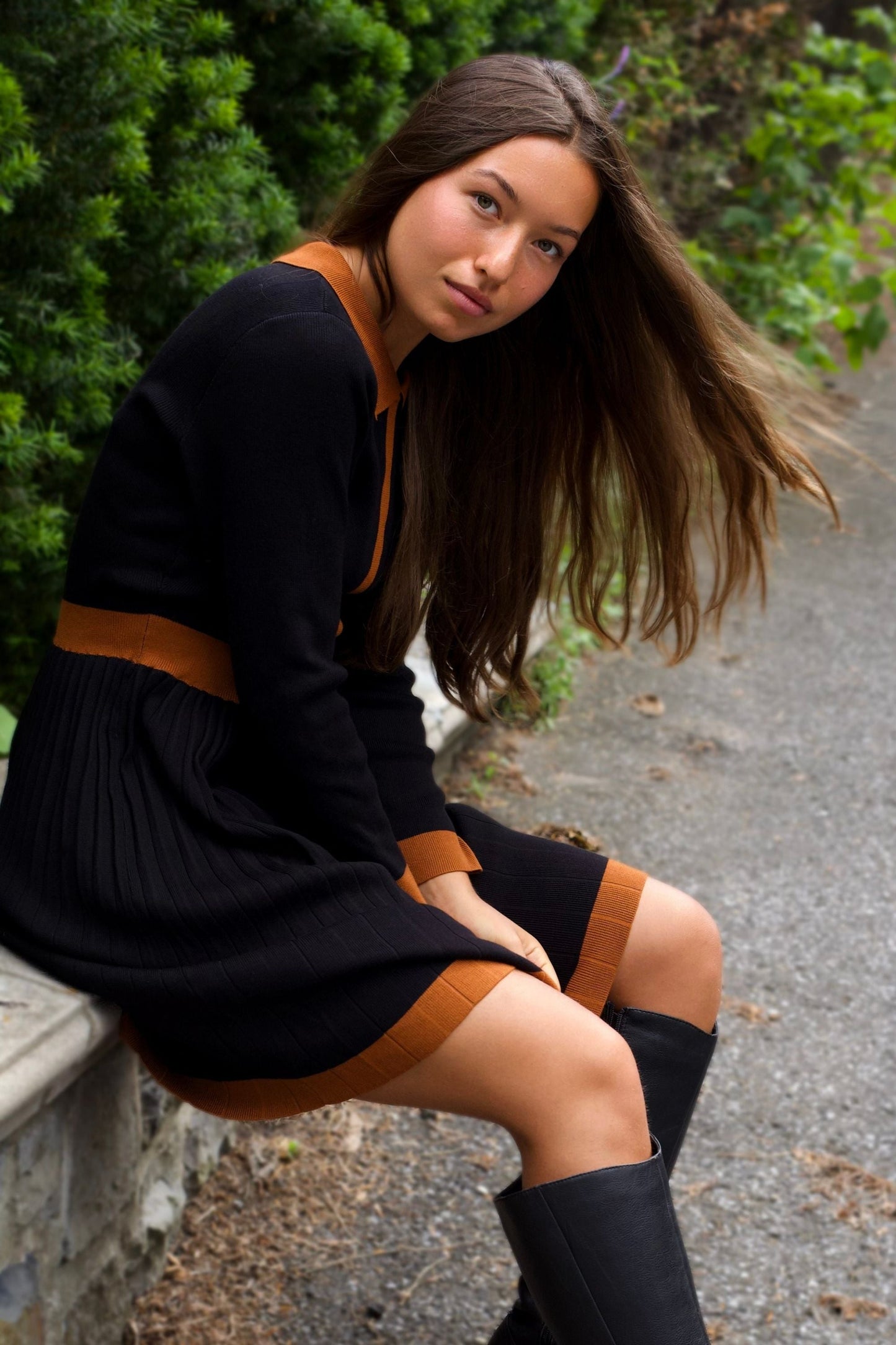 Clarissa Knit Women's Dress Contrast Trim Long Sleeves