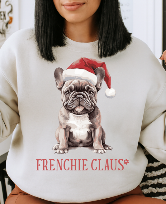 Crewneck Hoody  Frenchie Claus Christmas Sweatshirt – Festive Bulldog in Santa Hat