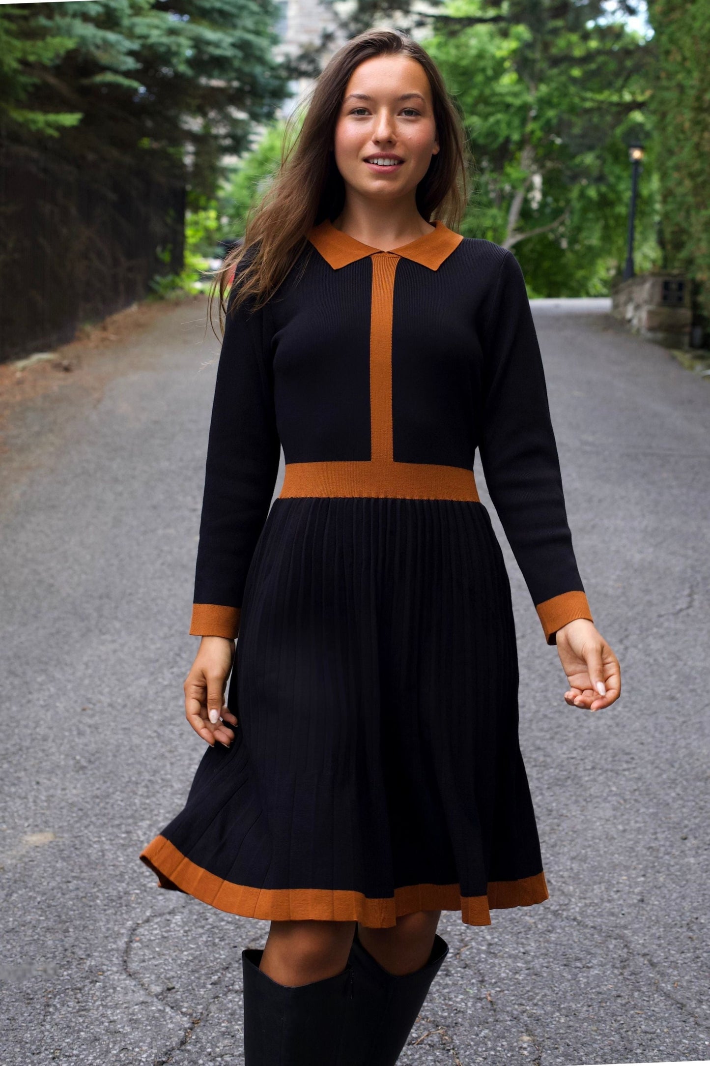 Clarissa Knit Women's Dress Contrast Trim Long Sleeves