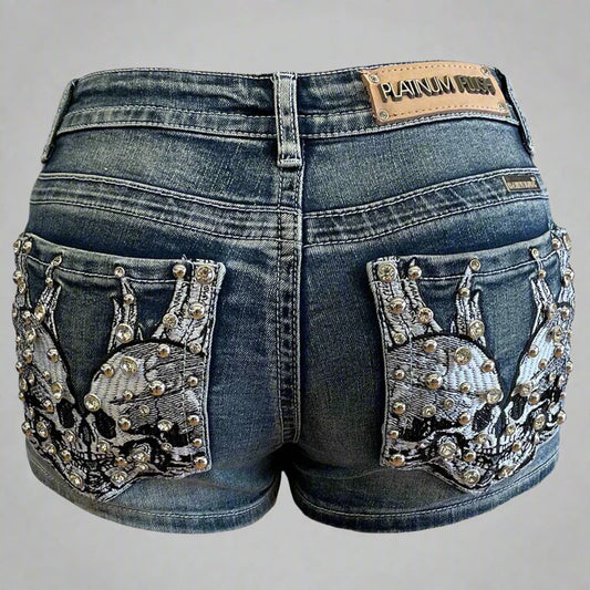 Bus Stop Women's Rhinestone Skull Wing Denim Shorts