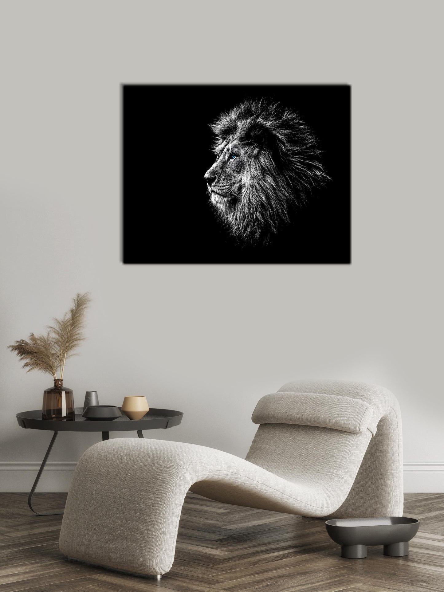 Wildlife Canvas Art-Lions Head Blue Eye in Black and White -Silver varnish