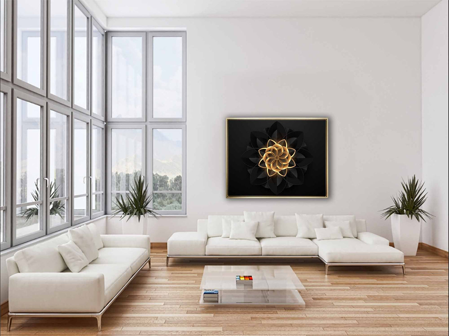 Wall Art Abstract Flower in Black and Gold- Fine and Modern wall art - Gold varnish