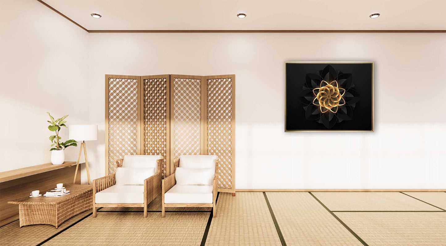 Wall Art Abstract Flower in Black and Gold- Fine and Modern wall art - Gold varnish