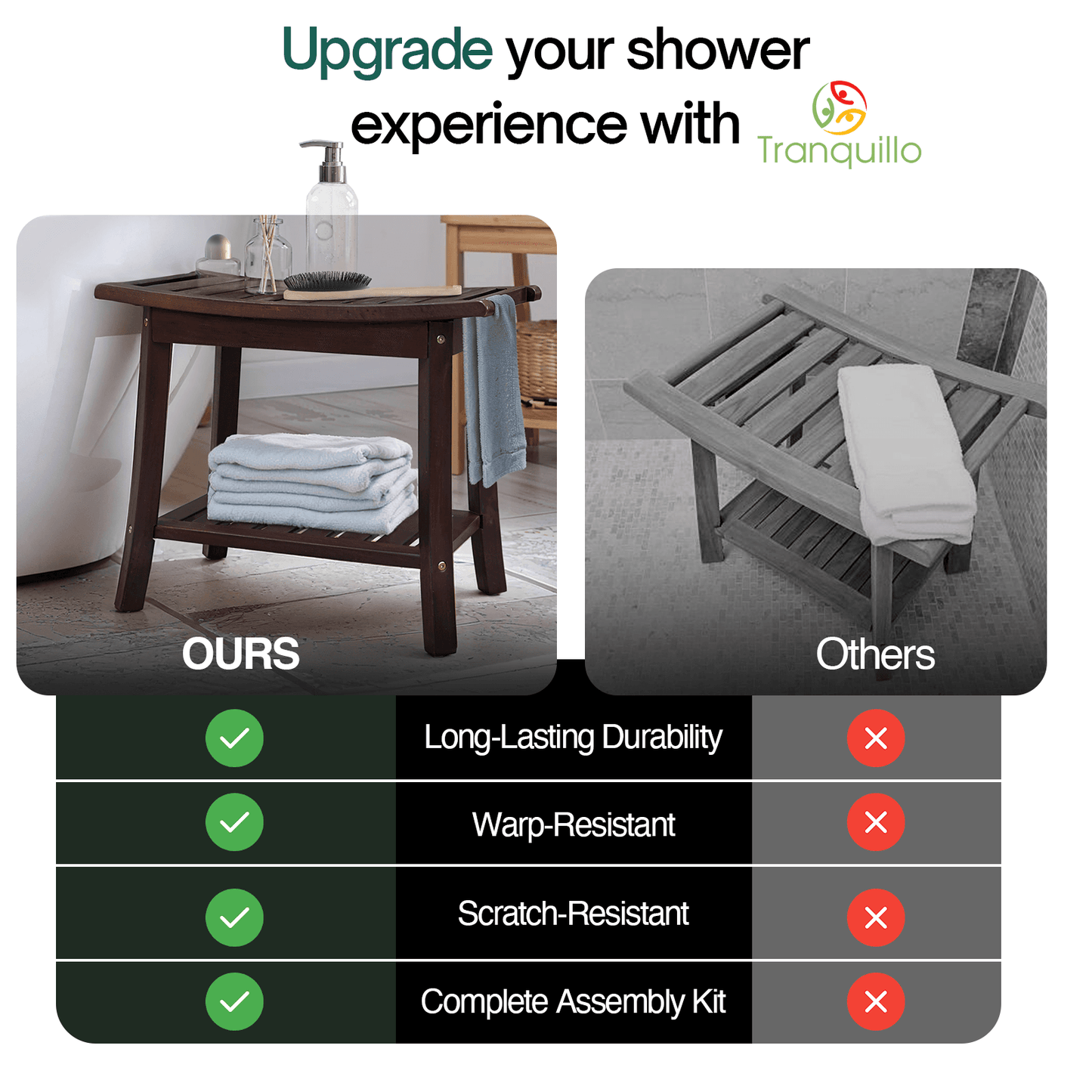 Tranquillo Wood Shower Bench, Shower Stool Wood