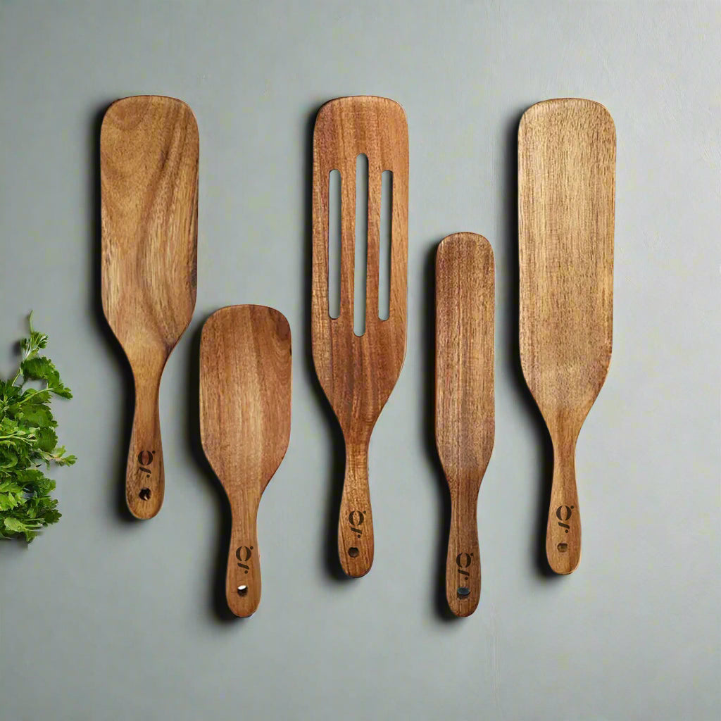 Acacia Wood Spurtle Set of 5 Piece , Wooden Cooking Utensils