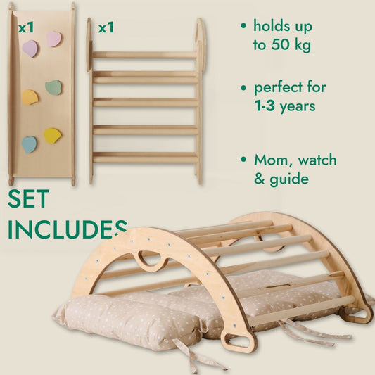 4in1 Montessori Climbing Set: Pikler Triangle, Arch, Slide Board, and Cushion for Toddlers (1–3 Years)