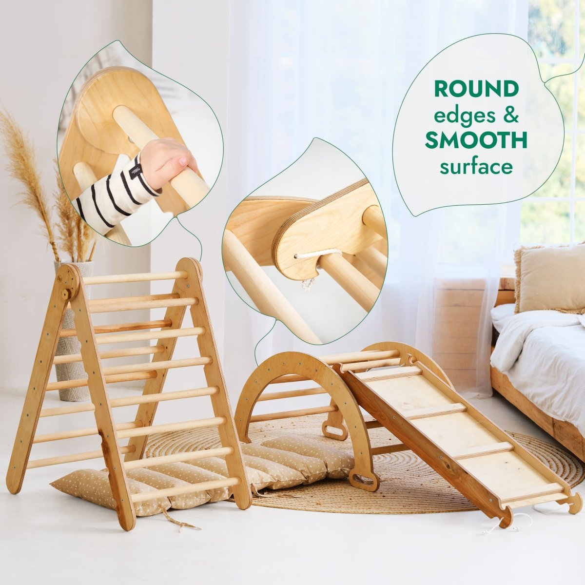 4in1 Montessori Climbing Set: Triangle Ladder + Climbing Arch + Slide Board + Cushion Beige