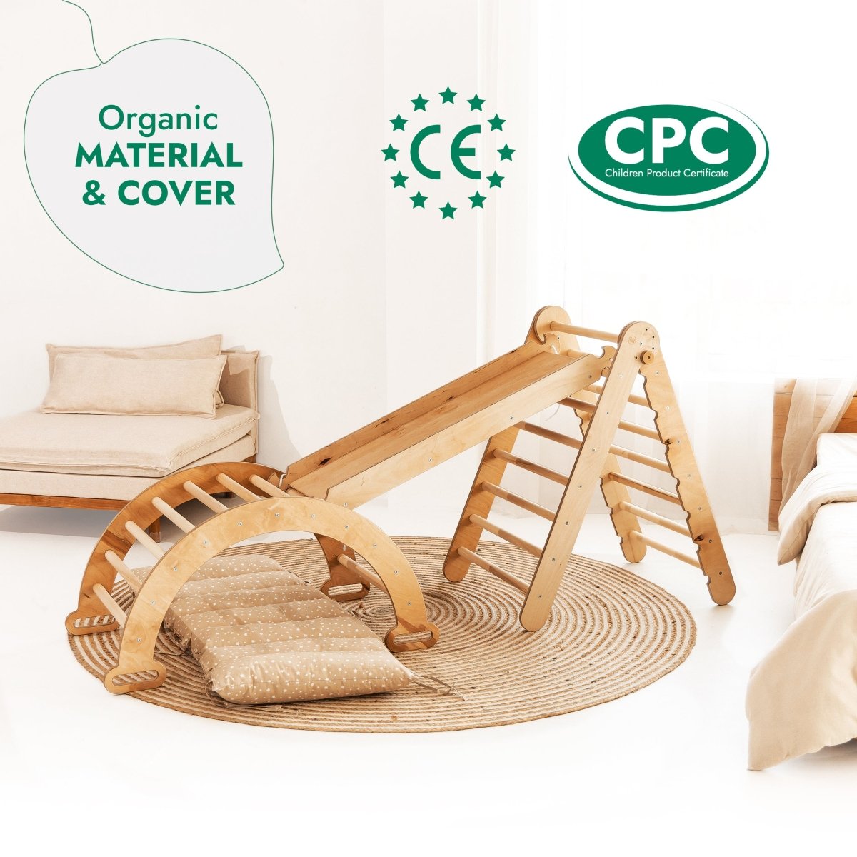 4in1 Montessori Climbing Set: Triangle Ladder + Climbing Arch + Slide Board + Cushion Beige