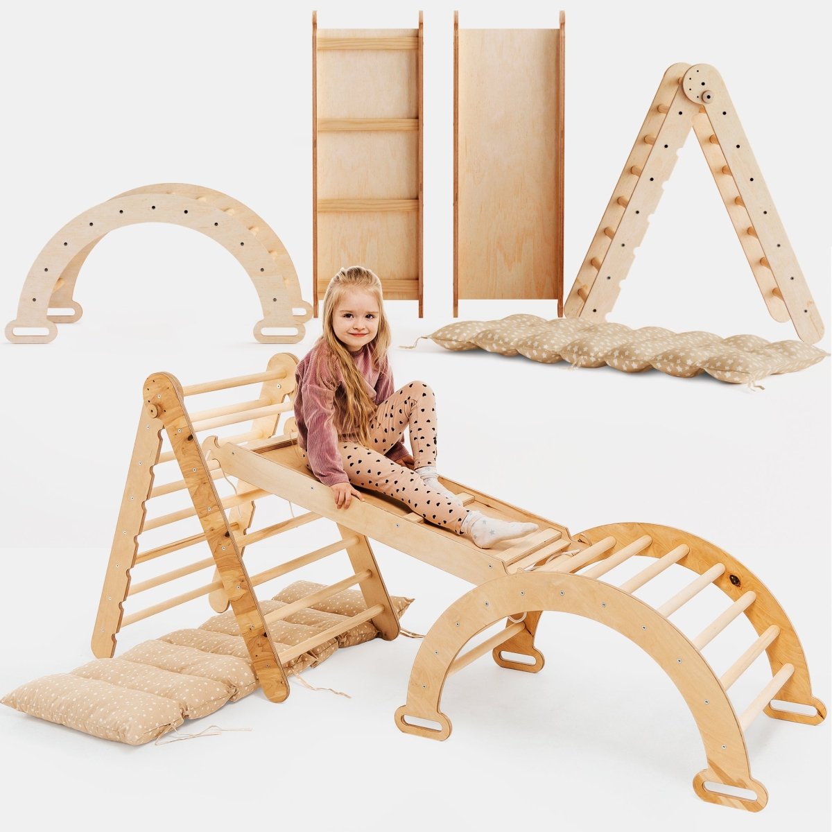 4in1 Montessori Climbing Set: Triangle Ladder + Climbing Arch + Slide Board + Cushion Beige