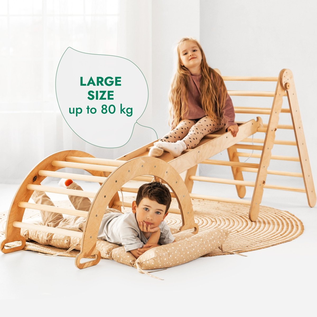 4in1 Montessori Climbing Set: Triangle Ladder + Climbing Arch + Slide Board + Cushion Beige