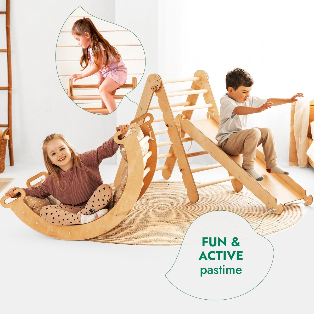 4in1 Montessori Climbing Set: Triangle Ladder + Climbing Arch + Slide Board + Cushion Beige