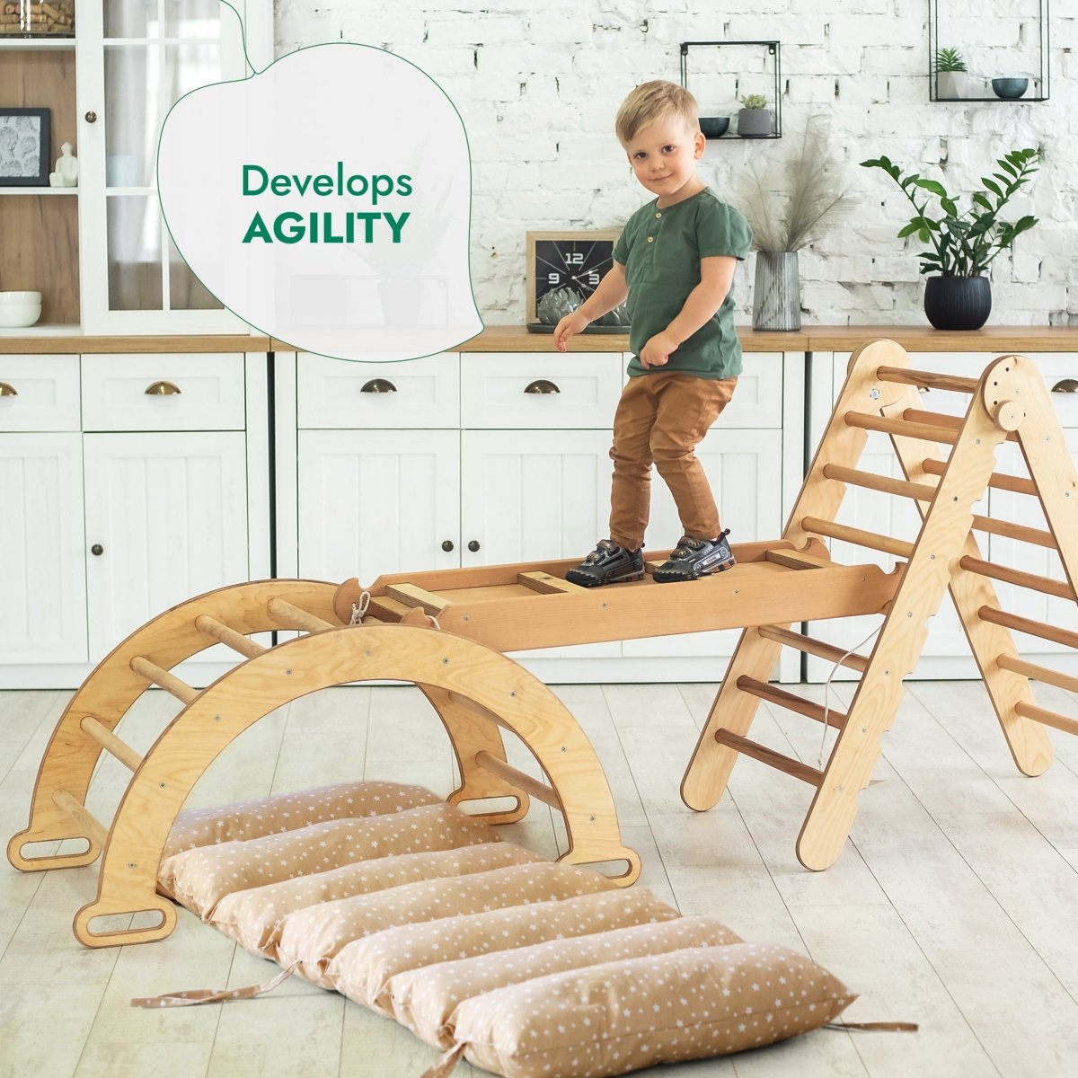 4in1 Montessori Climbing Set: Triangle Ladder + Climbing Arch + Slide Board + Cushion Beige