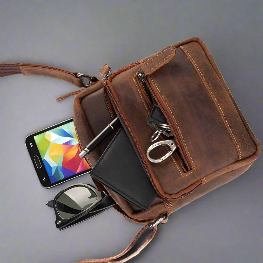 Greenwood Leather Mini-Messenger Bag. Compact Wax Pull-Up Leather Bag for Urban Adventures