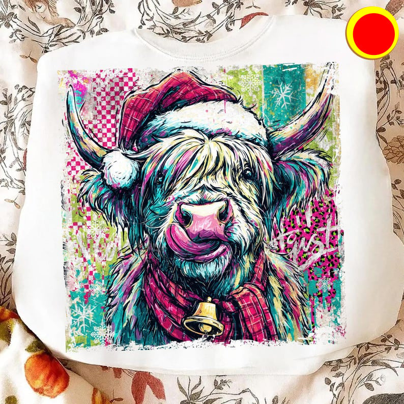 Hoody Crewneck Highland Cow Christmas – Colorful Santa Hat Holiday Design