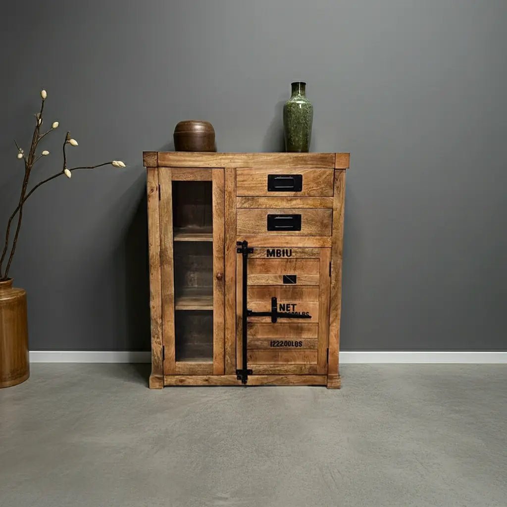 Meuble cabinet style container en bois de manguier avec porte en verre et 2 tiroirs