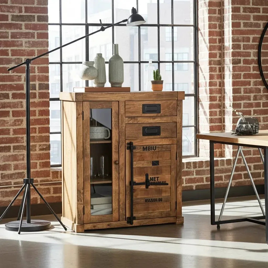 Meuble cabinet style container en bois de manguier avec porte en verre et 2 tiroirs